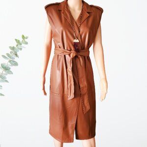 Worthington New Brown Cognac Faux Leather Jacket Wrap Dress with Belt | Size-M